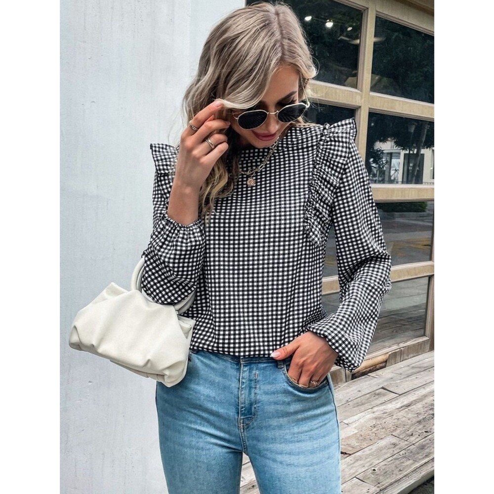 Black & White Gingham Check Ruffle Blouse Top M
